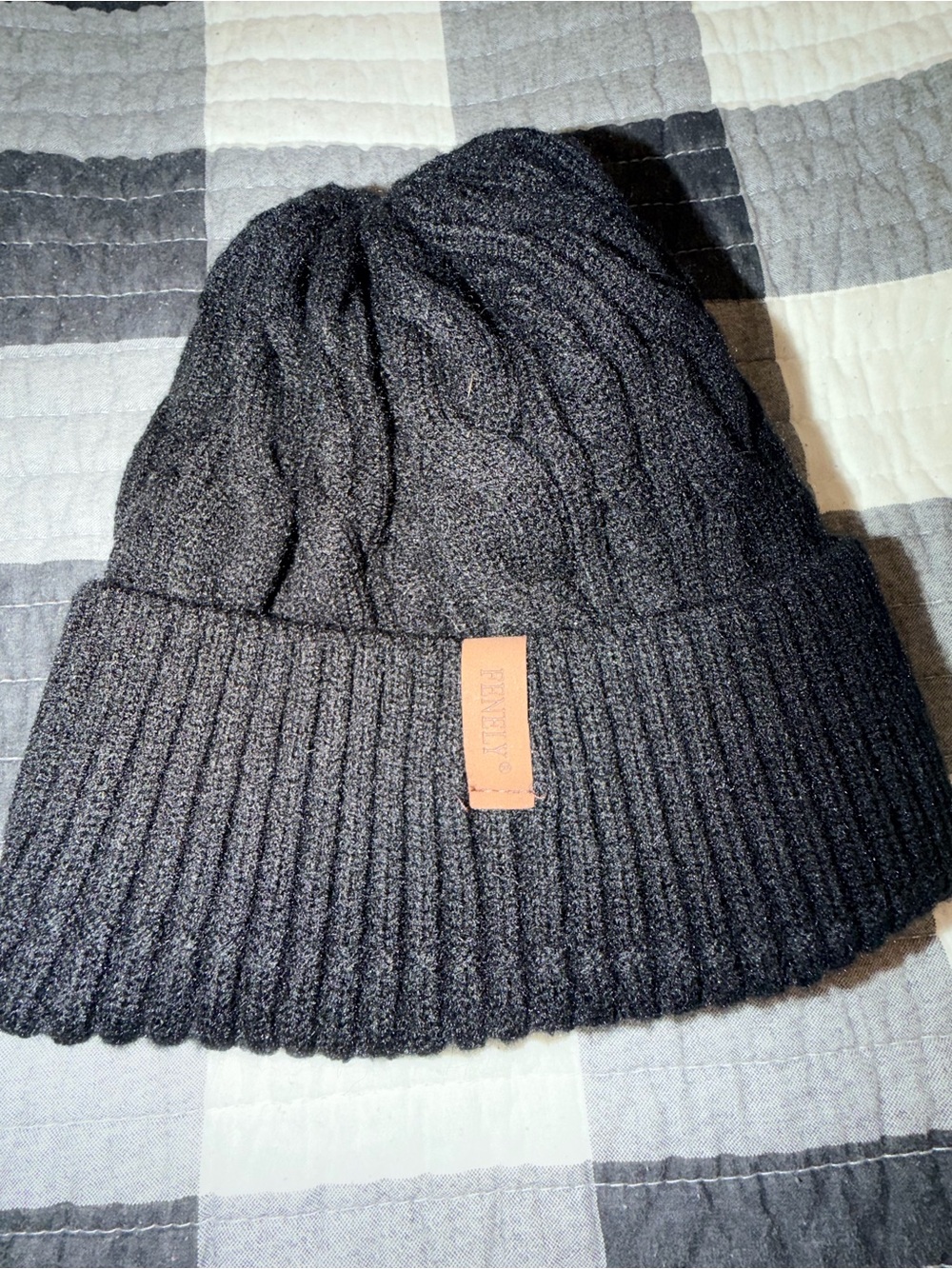 Classic Ribbed Fold-Over Beanie with Leather Tag - Black